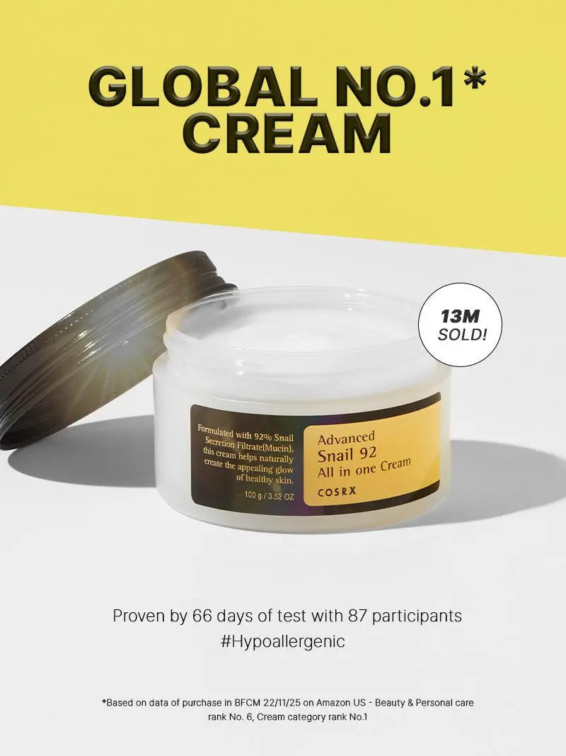 COSRX Advanced Snail 92 All In One Cream, volgens COSRX hypoallergeen, getest in 66 dagen met 87 deelnemers
