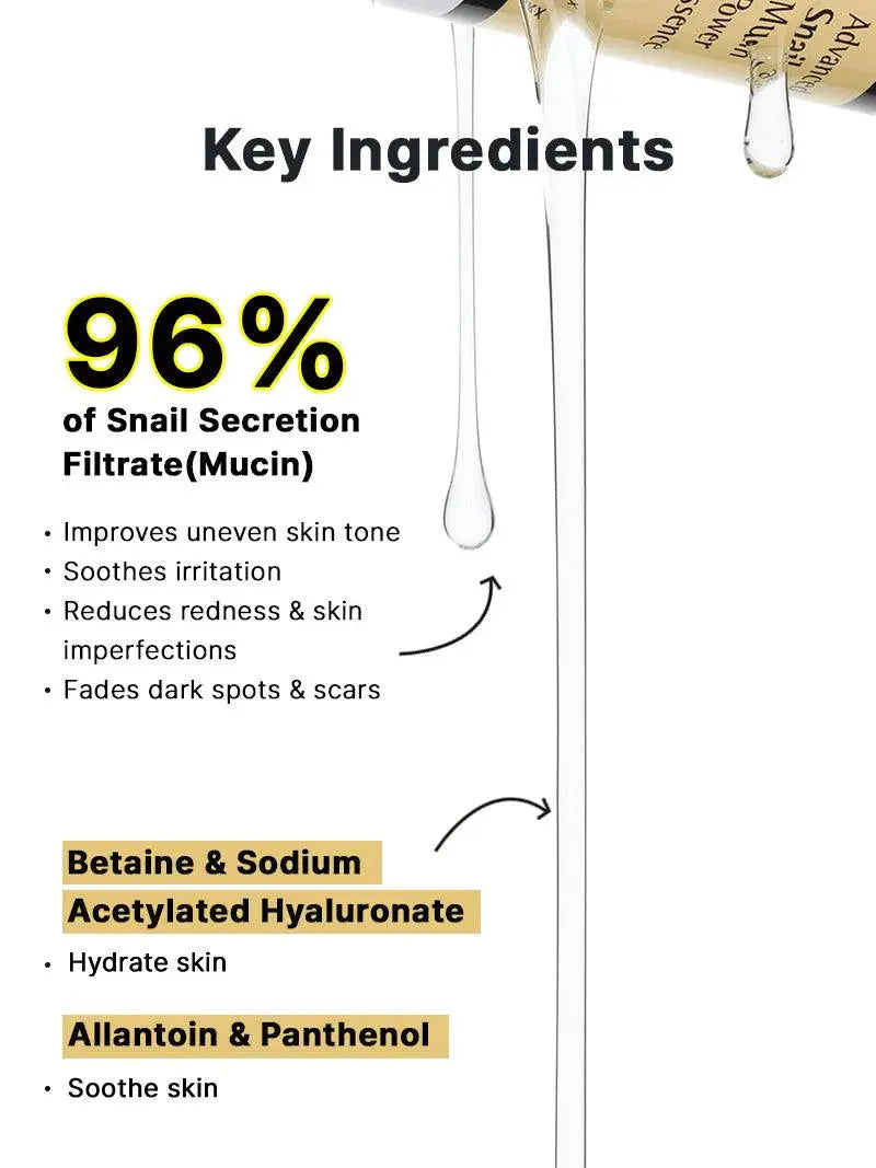 COSRX Advanced Snail 96 Mucin Power Essence, ingrediënten: 96% slakkenslijm, betaïne, hyaluronzuur en panthenol