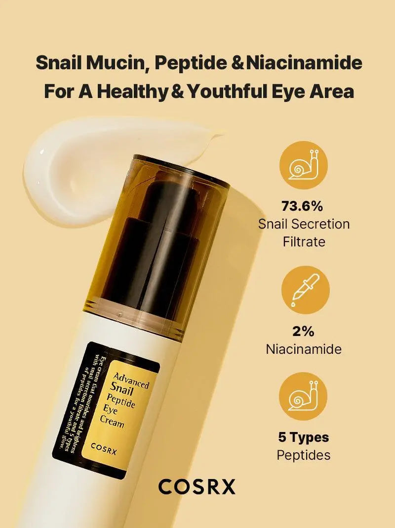 COSRX Advanced Snail Peptide Eye Cream met 73,6% slakkenslijm, 2% niacinamide en 5 soorten peptiden