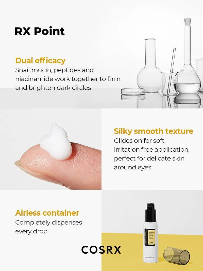 COSRX Advanced Snail Peptide Eye Cream met zijdezachte textuur en airless verpakking