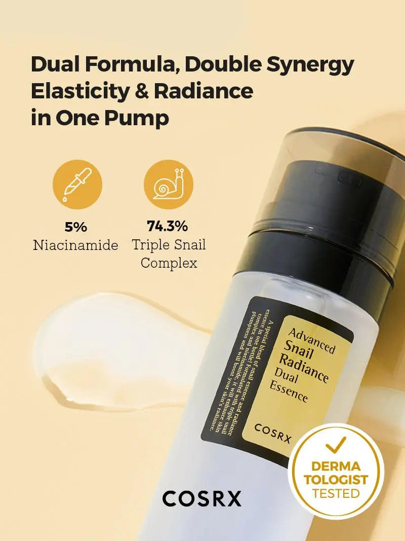 COSRX Advanced Snail Radiance Dual Essence met 5% niacinamide en 74,3% slakkenslijm, dermatologisch getest