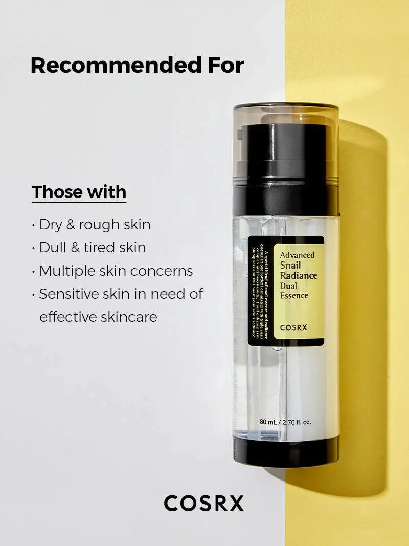 COSRX Advanced Snail Radiance Dual Essence aanbevolen voor droge, ruwe, doffe, vermoeide en gevoelige huid