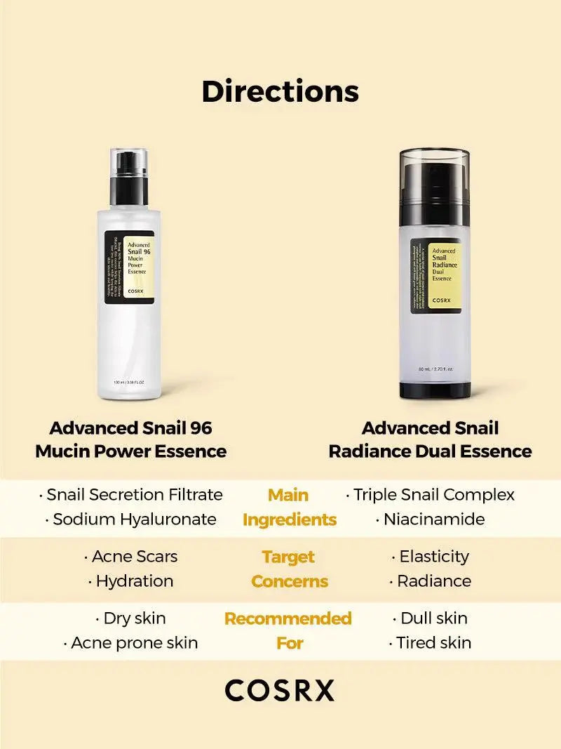 COSRX Advanced Snail Radiance Dual Essence vergeleken met de Advanced Snail 96 Mucin Power Essence