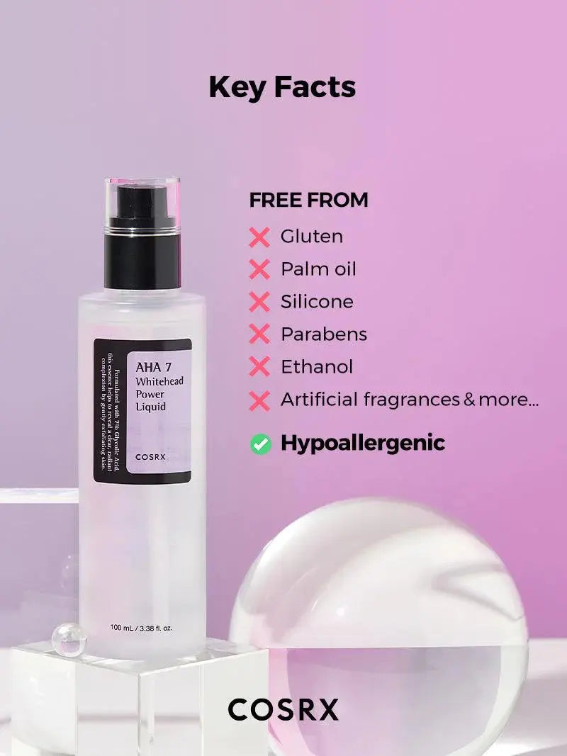 COSRX AHA 7 Whitehead Power Liquid is hypoallergeen en vrij van parabenen, siliconen en ethanol