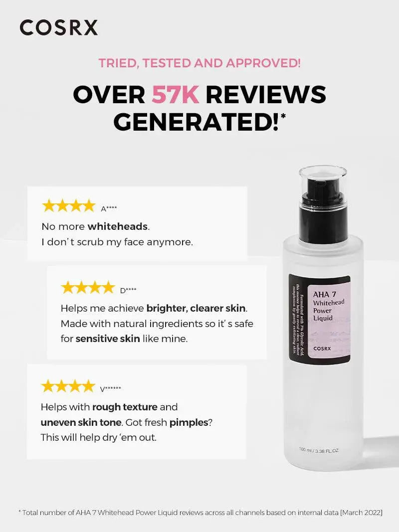 COSRX AHA 7 Whitehead Power Liquid met meer dan 57.000 reviews over minder whiteheads en een helderdere huid
