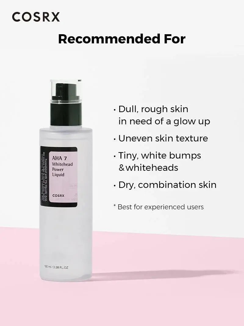 COSRX AHA 7 Whitehead Power Liquid aanbevolen voor doffe, ruwe huid, ongelijke textuur en whiteheads
