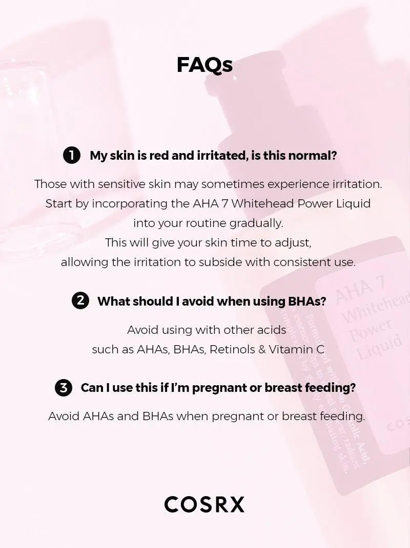 COSRX AHA 7 Whitehead Power Liquid, veelgestelde vragen over roodheid, andere zuren en zwangerschap