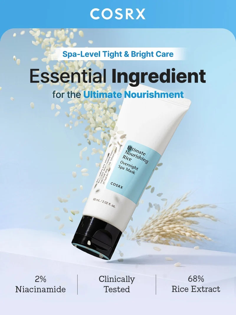 Infographic: CosRX Ultimate Nourishing Rice Overnight Spa Mask met 68% rijstextract en 2% niacinamide