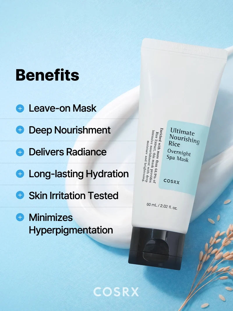 Infographic: voordelen van de CosRX Rice Overnight Spa Mask, leave-on, voedend en verhelderend