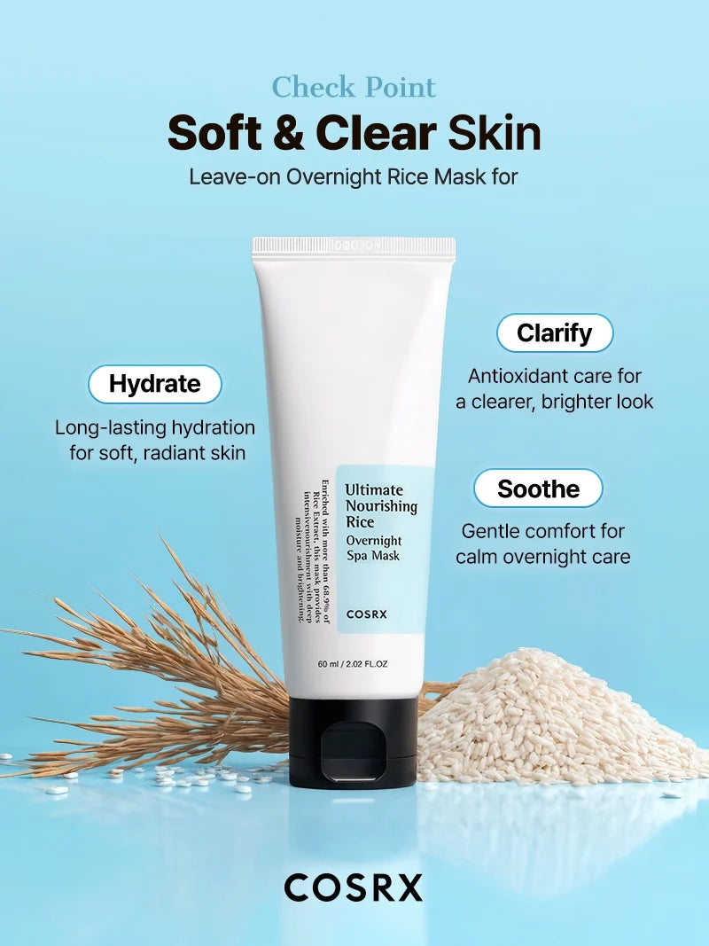 Infographic: de CosRX Rice Overnight Spa Mask hydrateert, verheldert en kalmeert 's nachts