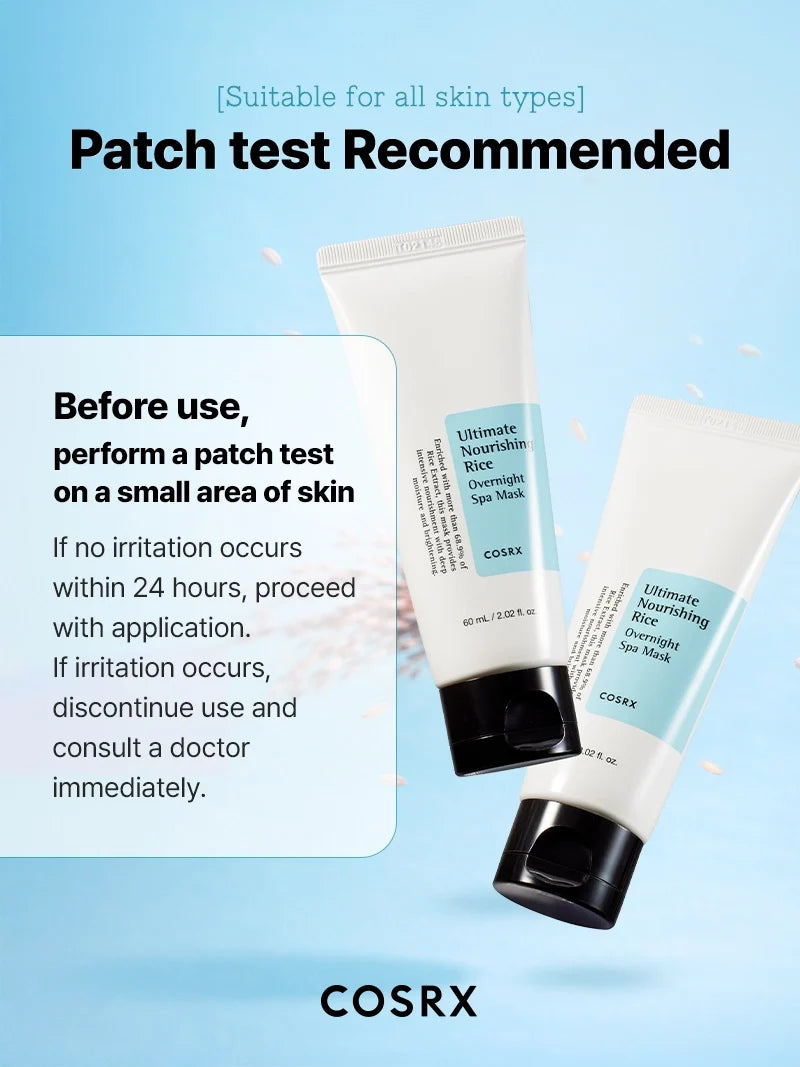 Infographic: patchtest aanbevolen voor de CosRX Rice Overnight Spa Mask