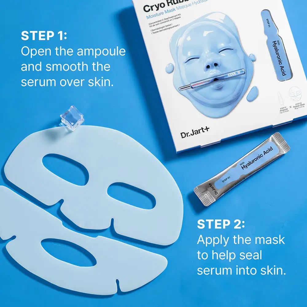 Dr.Jart+ Cryo Rubber with Moisturizing Hyaluronic Acid, stap 1 ampul op de huid, stap 2 het masker erover