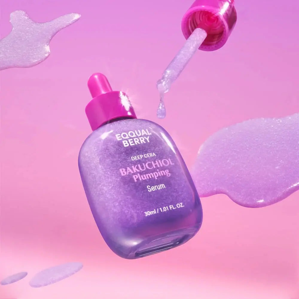 EQQUALBERRY Bakuchiol Plumping Serum, zwevende flacon met pipet en druppels