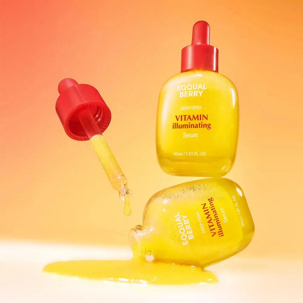 EQQUALBERRY Vitamin Illuminating Serum, twee flacons met pipet en gele druppels