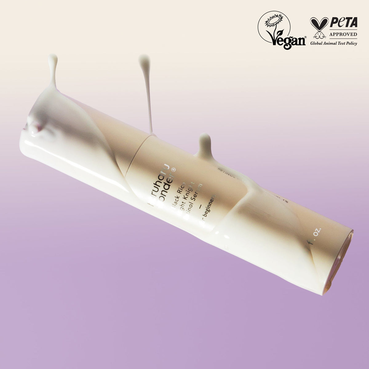 Haruharu Night Knight Retinol Serum met de logo's van PETA en vegan op paarse achtergrond