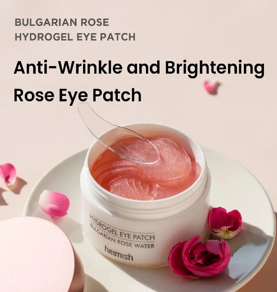 Heimish Bulgarian Rose Hydrogel Eye Patch, geopende pot met roze patches tegen rimpels en voor een stralende huid
