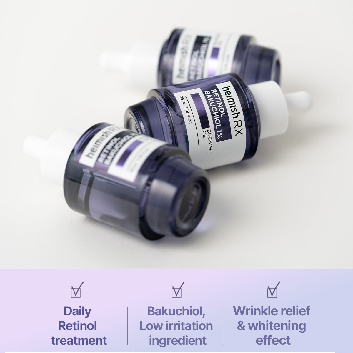 Drie flesjes heimish RX Retinol Bakuchiol Booster Oil: dagelijkse retinolverzorging, bakuchiol met weinig irritatie, verzacht rimpels