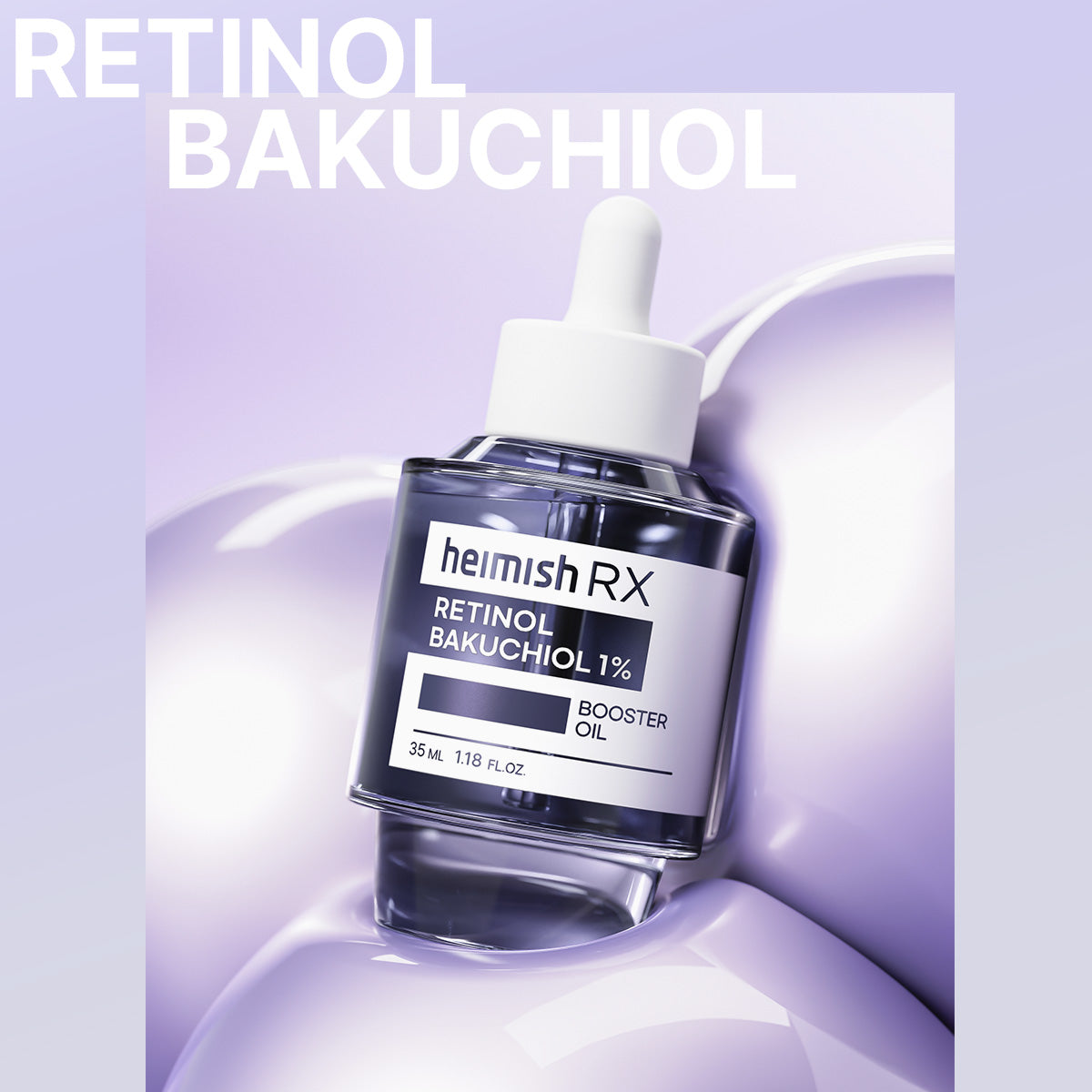 Flesje heimish RX Retinol Bakuchiol Booster Oil 35ml op lila achtergrond met de tekst retinol bakuchiol