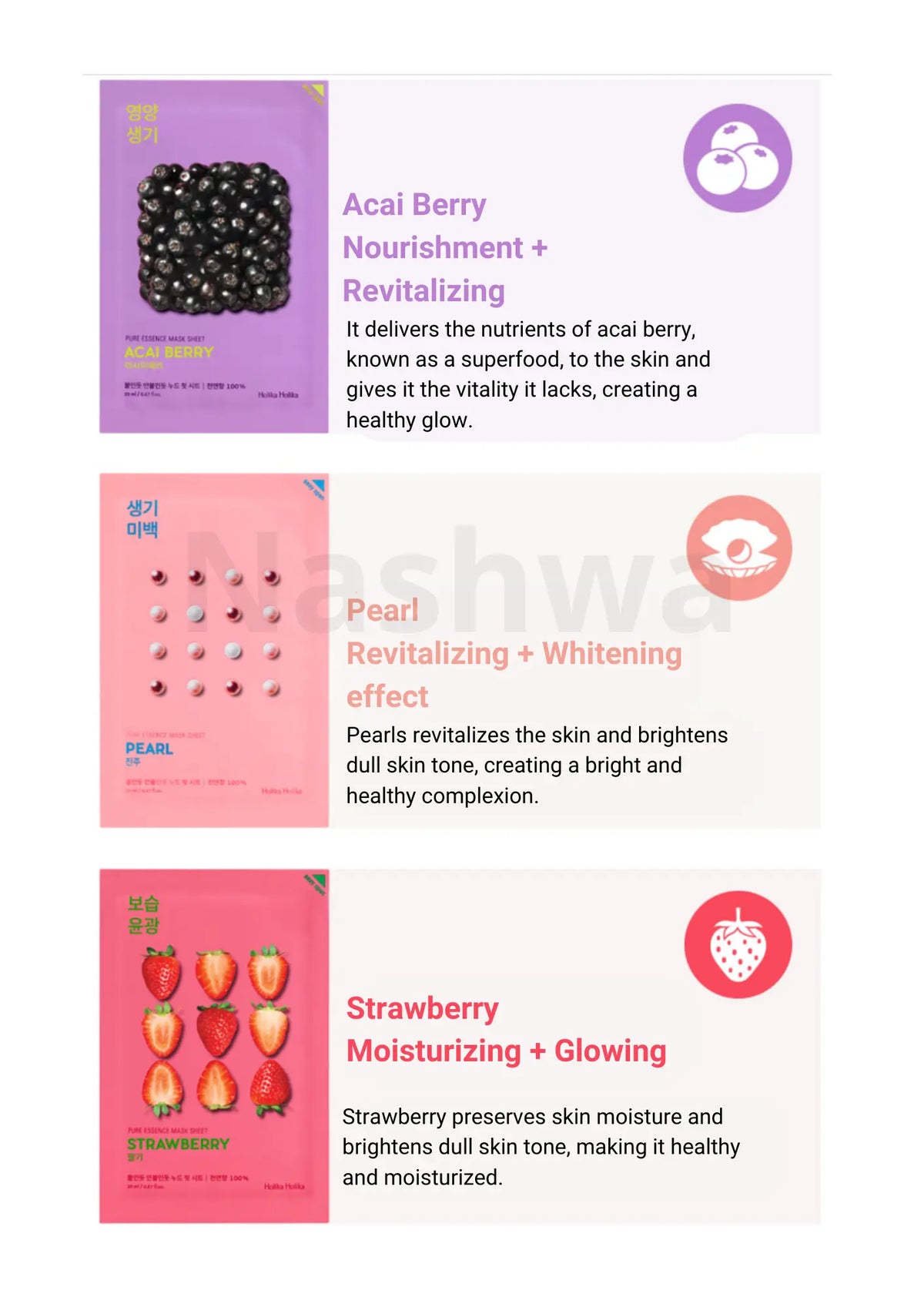 Holika Holika Pure Essence Mask Sheet Green Tea, varianten acaibes, parel en aardbei