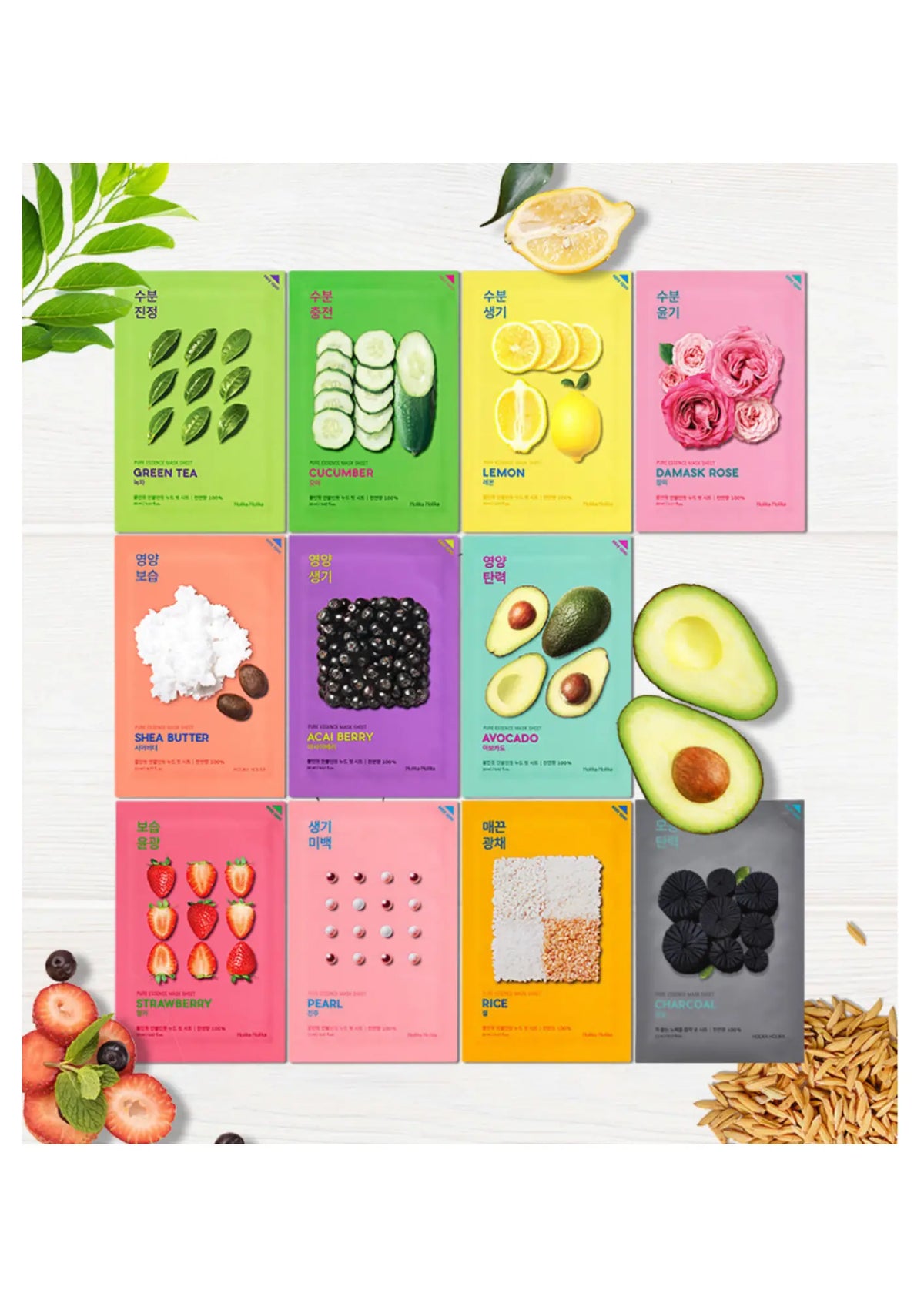Holika Holika Pure Essence Mask Sheet Pearl, alle varianten tussen vers fruit en ingrediënten