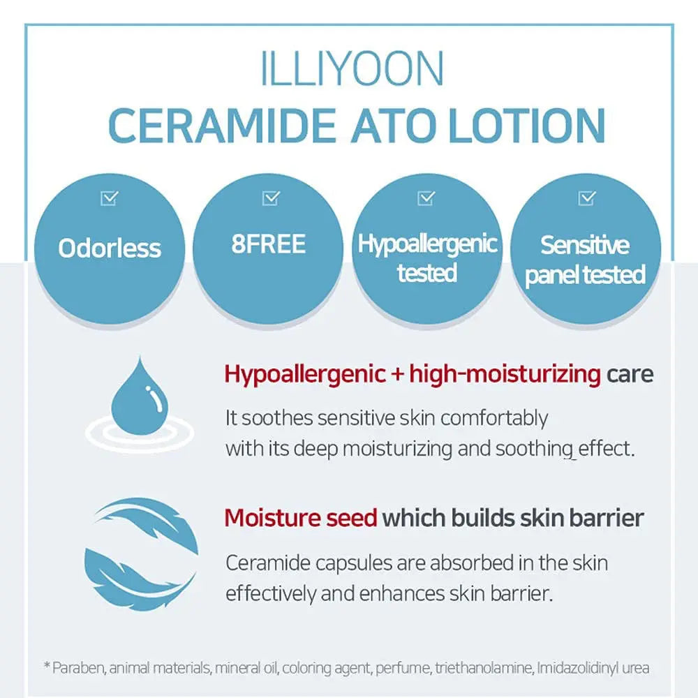 Illiyoon Ceramide Ato Lotion, geurloos en volgens het merk hypoallergeen getest, met ceramidecapsules