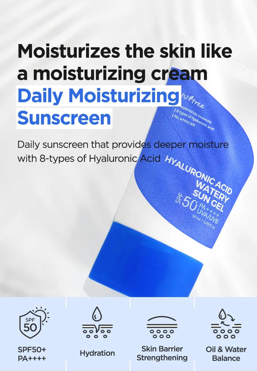 Isntree Hyaluronic Acid Watery Sun Gel SPF50+ PA++++, hydrateert als een crème met 8 soorten hyaluronzuur