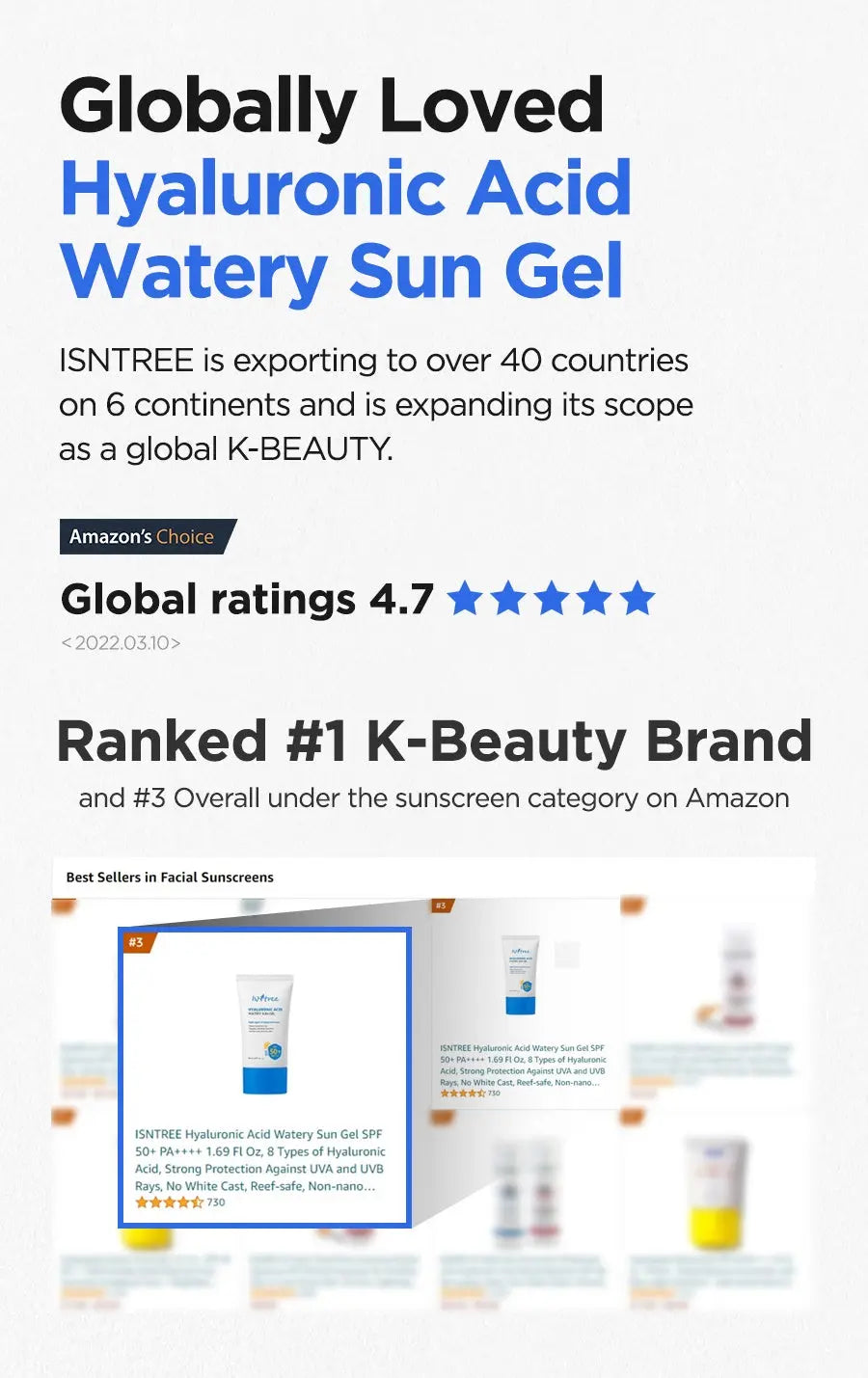 Isntree Hyaluronic Acid Watery Sun Gel SPF50+ PA++++, beoordeling 4,7 en bestseller bij Amazon
