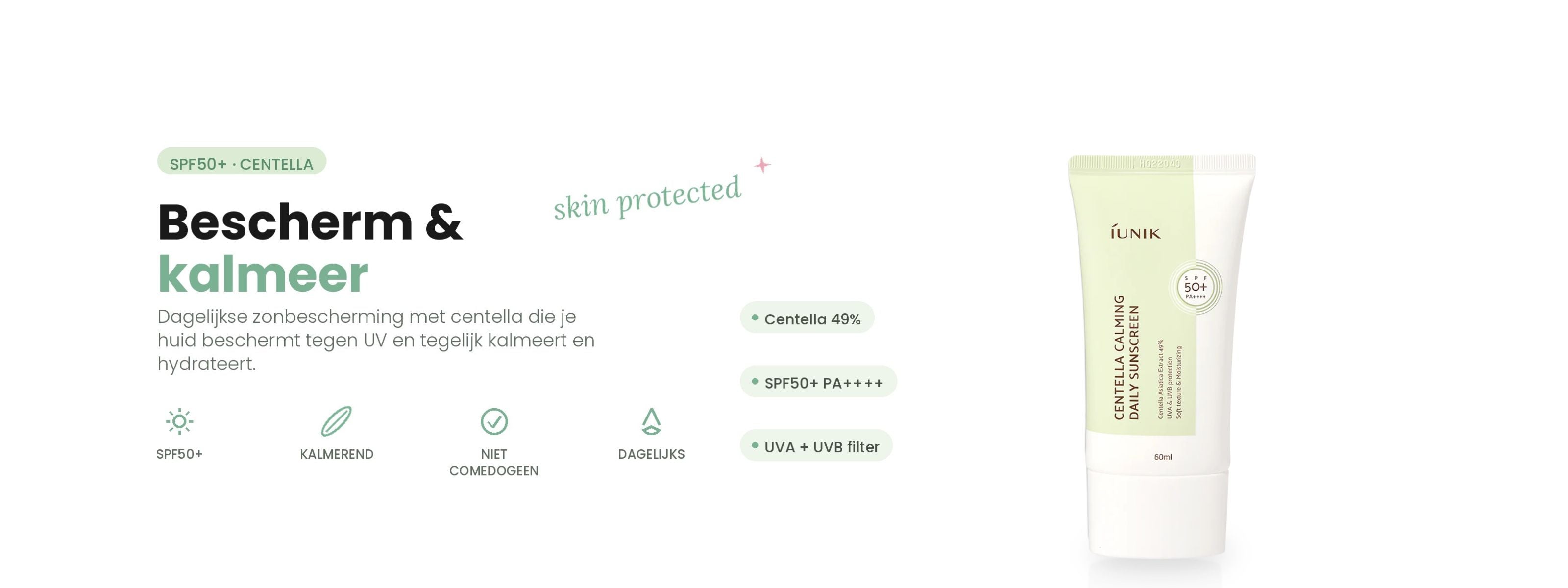 iUNIK Centella Calming Daily Sunscreen SPF50+ PA++++ – kalmerende dagelijkse zonnebrand met centella, niet-comedogeen