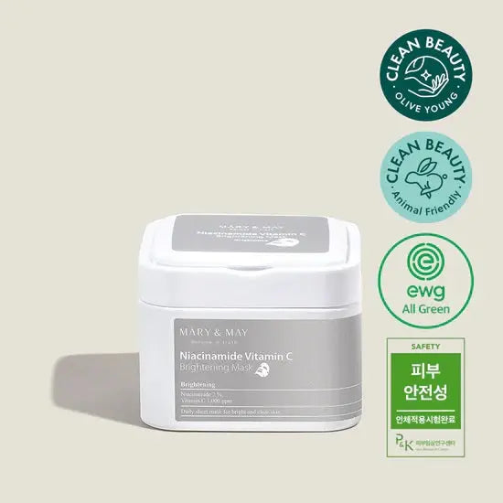 Mary & May Niacinamide Vitamin C Brightening Mask, pot met keurmerken Clean Beauty en EWG All Green