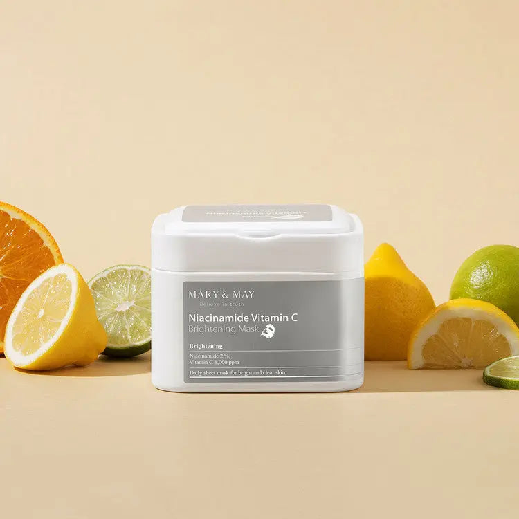 Mary & May Niacinamide Vitamin C Brightening Mask, pot tussen citrusvruchten