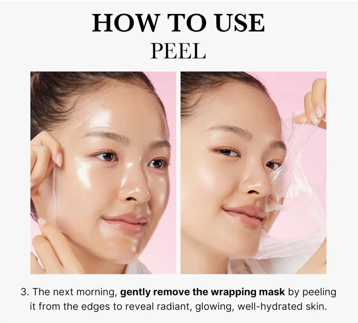 Medicube Collagen Night Wrapping Mask, gebruik stap 3: 's ochtends het masker vanaf de randen voorzichtig aftrekken