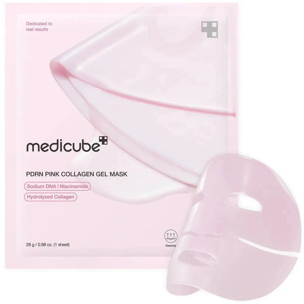 Medicube PDRN Pink Collagen Gel Mask, verpakking en doorzichtig roze hydrogel masker