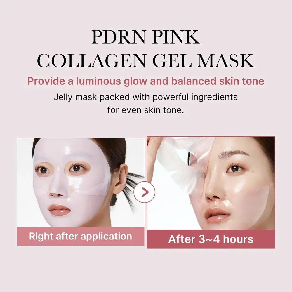 Medicube PDRN Pink Collagen Gel Mask, gezicht direct na het aanbrengen en na 3 tot 4 uur