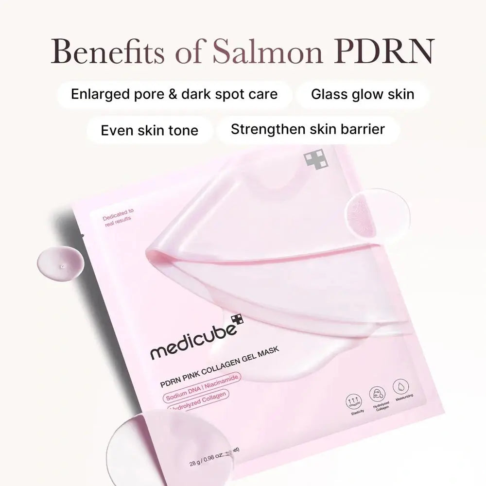 Medicube PDRN Pink Collagen Gel Mask, voordelen van zalm-PDRN: poriën, egale teint, glow en huidbarrière