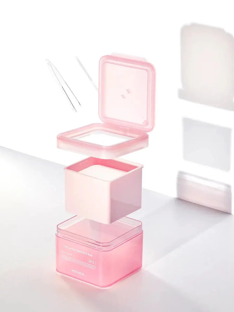 Mediheal Collagen Ampoule Pad, uiteengehaalde pot met pincet en deksel