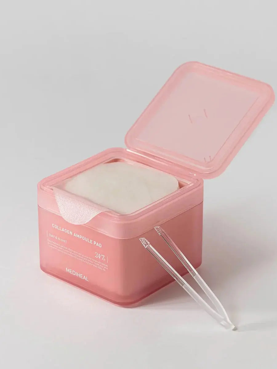 Mediheal Collagen Ampoule Pad, geopende pot met pads en pincet