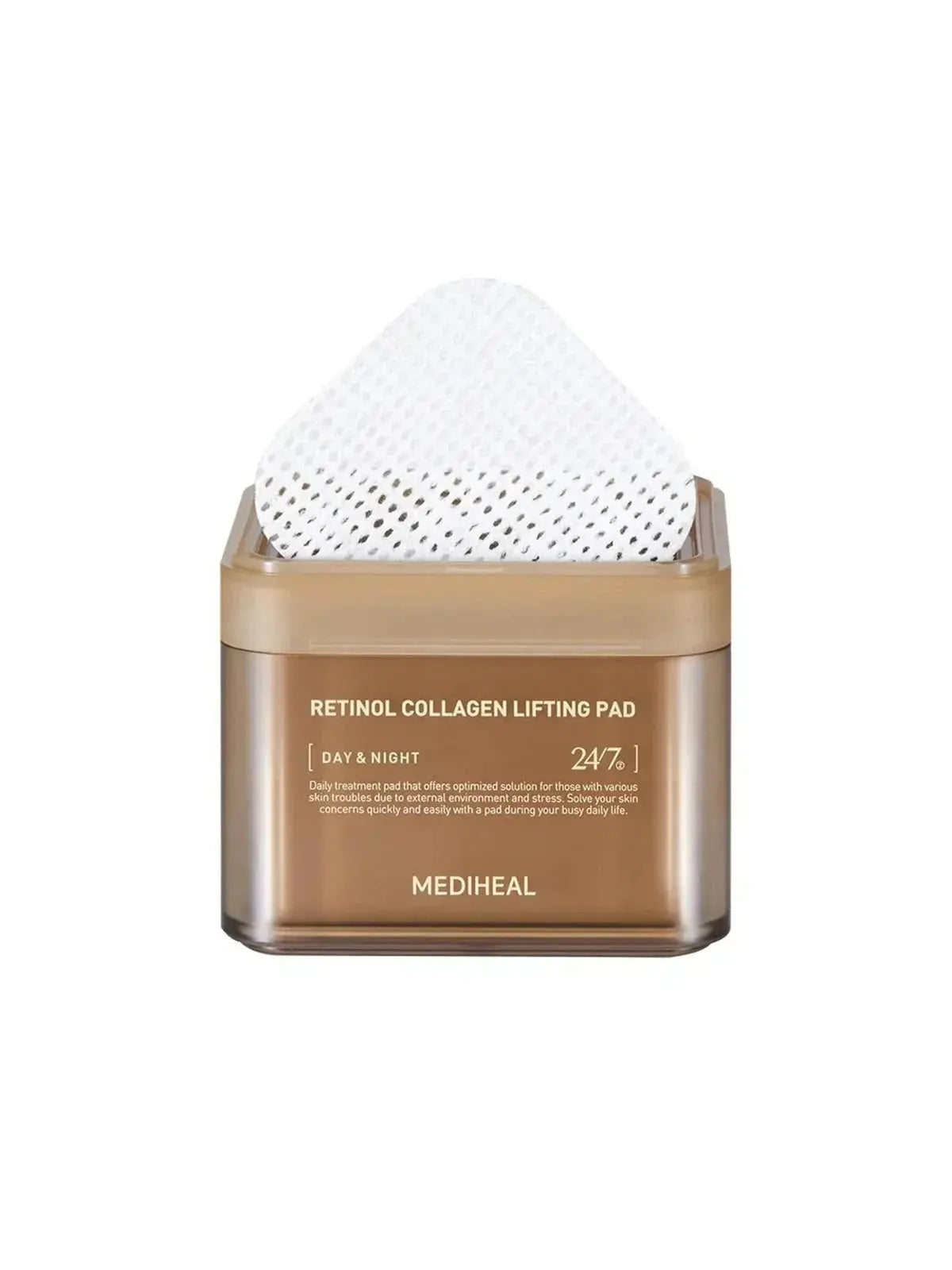 Mediheal Retinol Collagen Lifting Pad, pad met reliëfstructuur steekt uit de pot