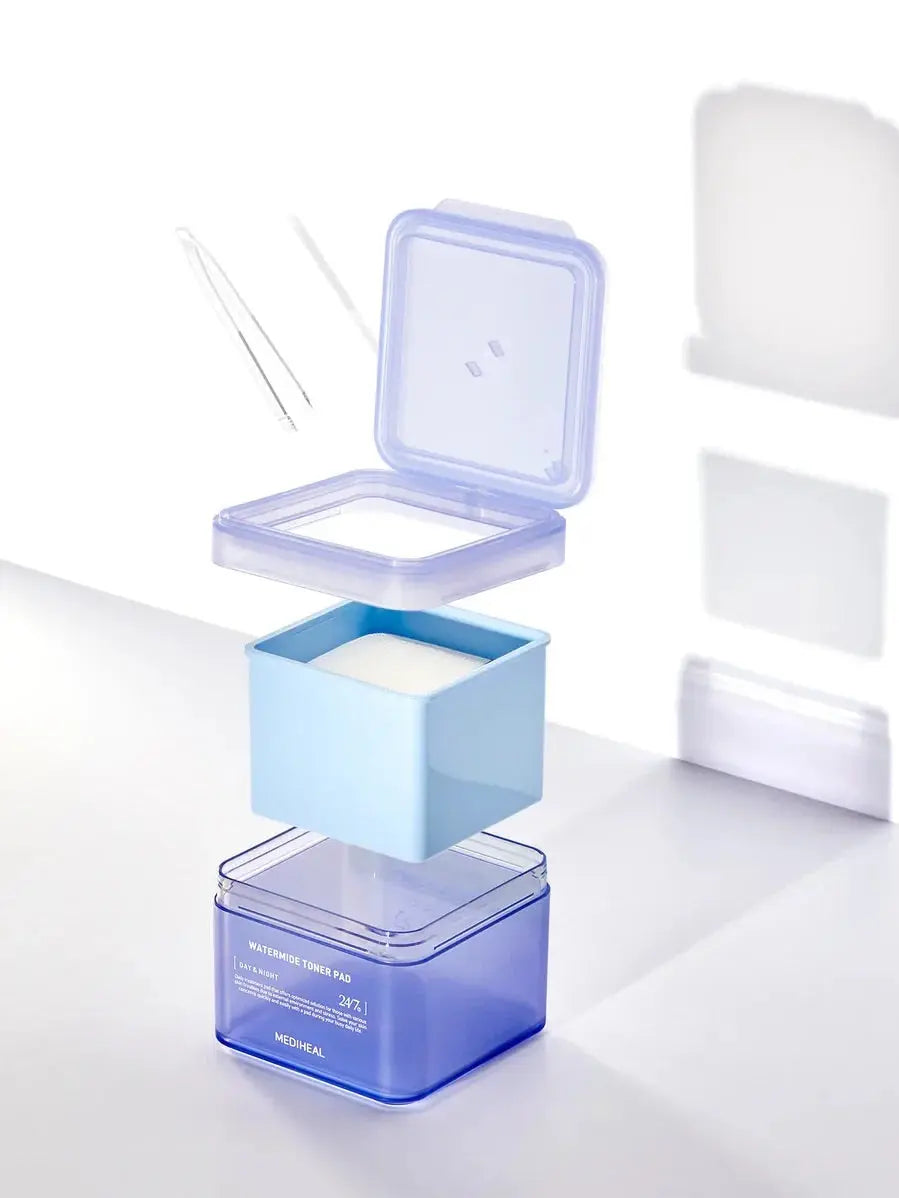 Mediheal Watermide Moisture Pad, uiteengehaalde pot met pincet en deksel