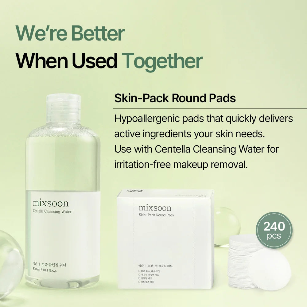 mixsoon Centella Cleansing Water met de Skin-Pack Round Pads voor irritatievrije make-upverwijdering