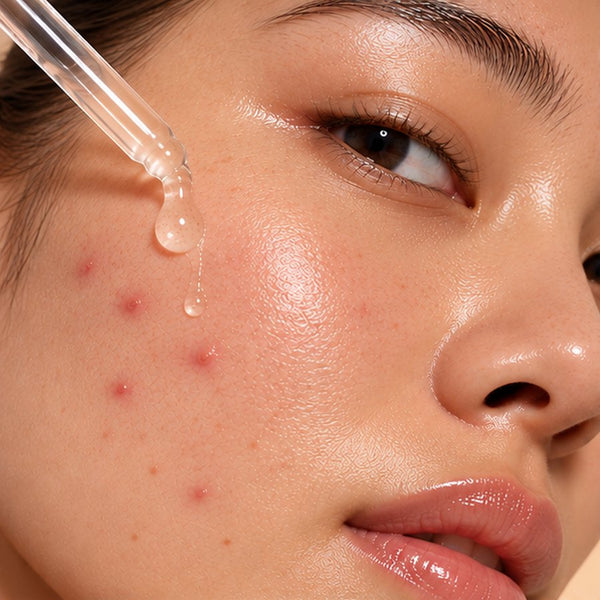 Nashwa skincare voor acne: serum op een huid met puistjes