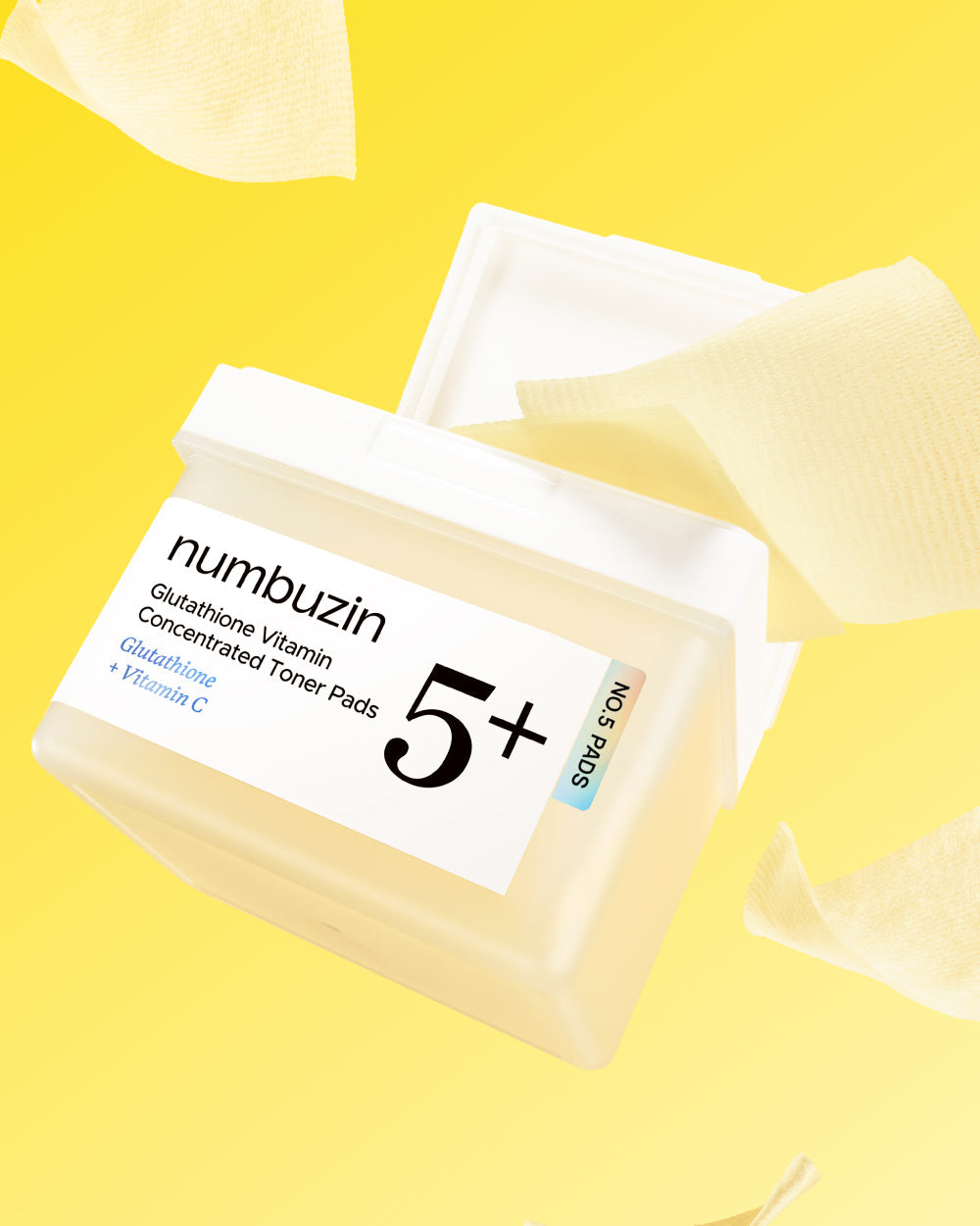 Numbuzin No.5 Vitamin-Niacinamide Concentrated Pad, geopende pot met pads op geel