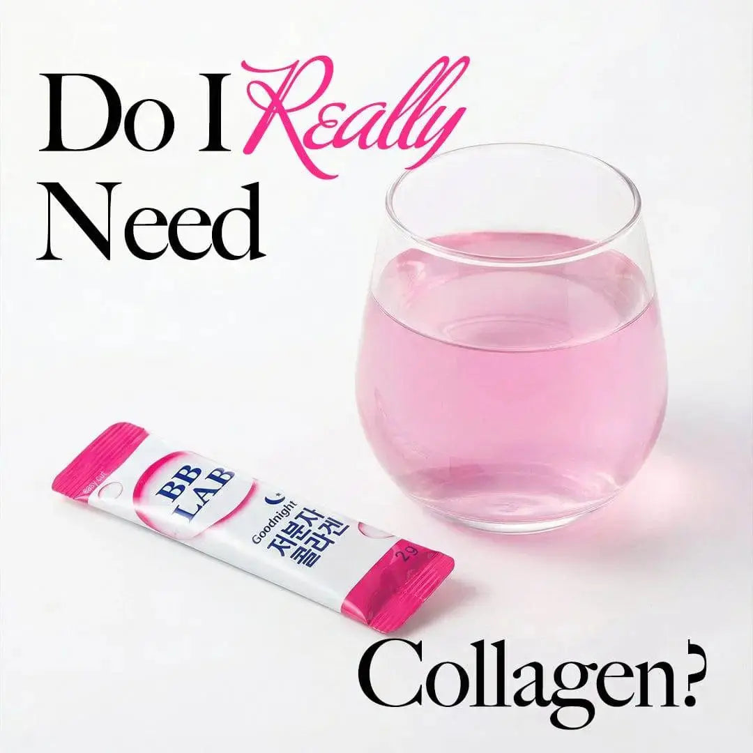 Nutrione BB LAB Goodnight Low Molecular Collagen, glas roze drankje naast de sticks