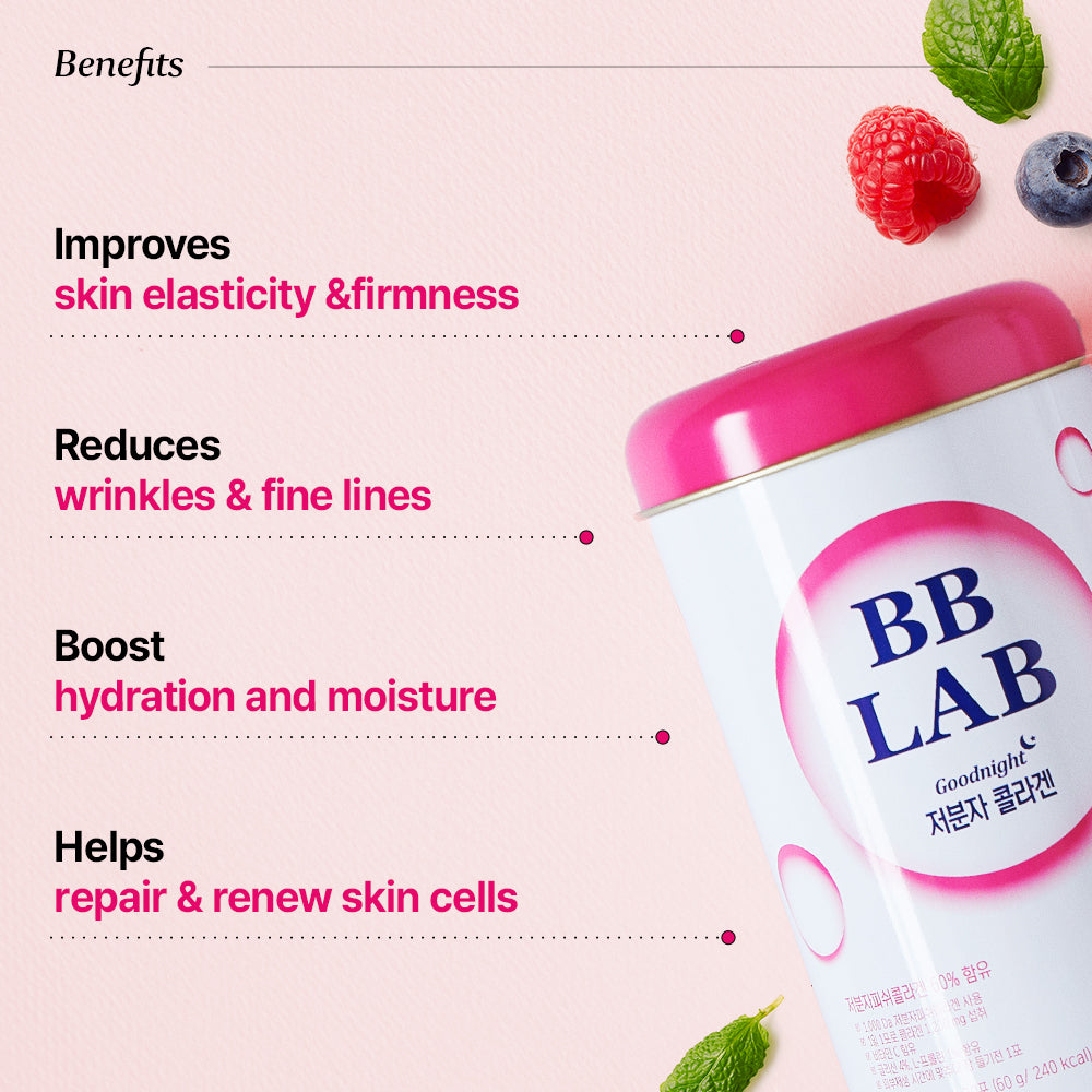 Nutrione BB LAB Goodnight Low Molecular Collagen, voordelen volgens het merk met blik en bessen