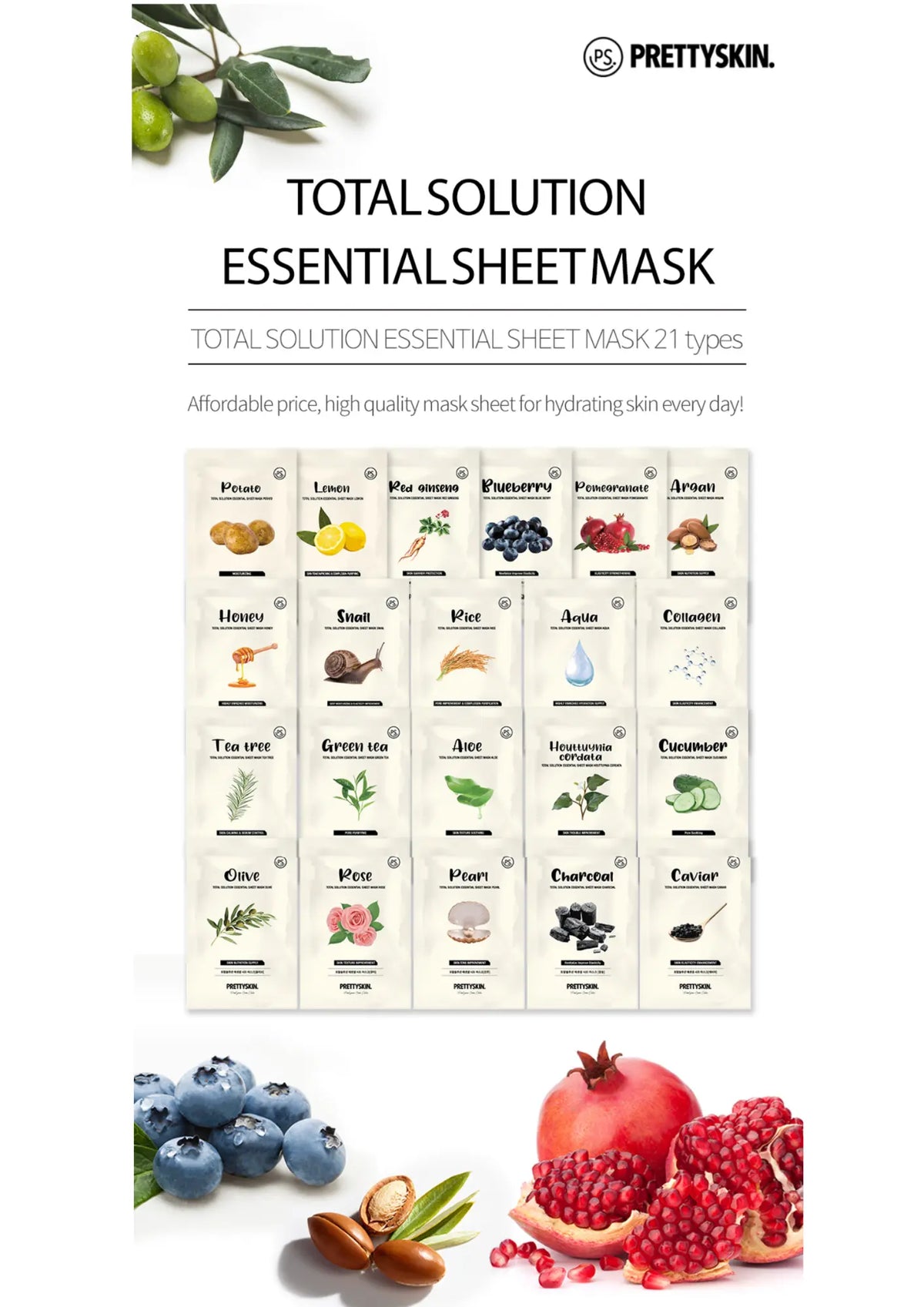 Pretty Skin Total Solution Essential Sheet Mask Pearl, overzicht van alle 21 varianten in de reeks