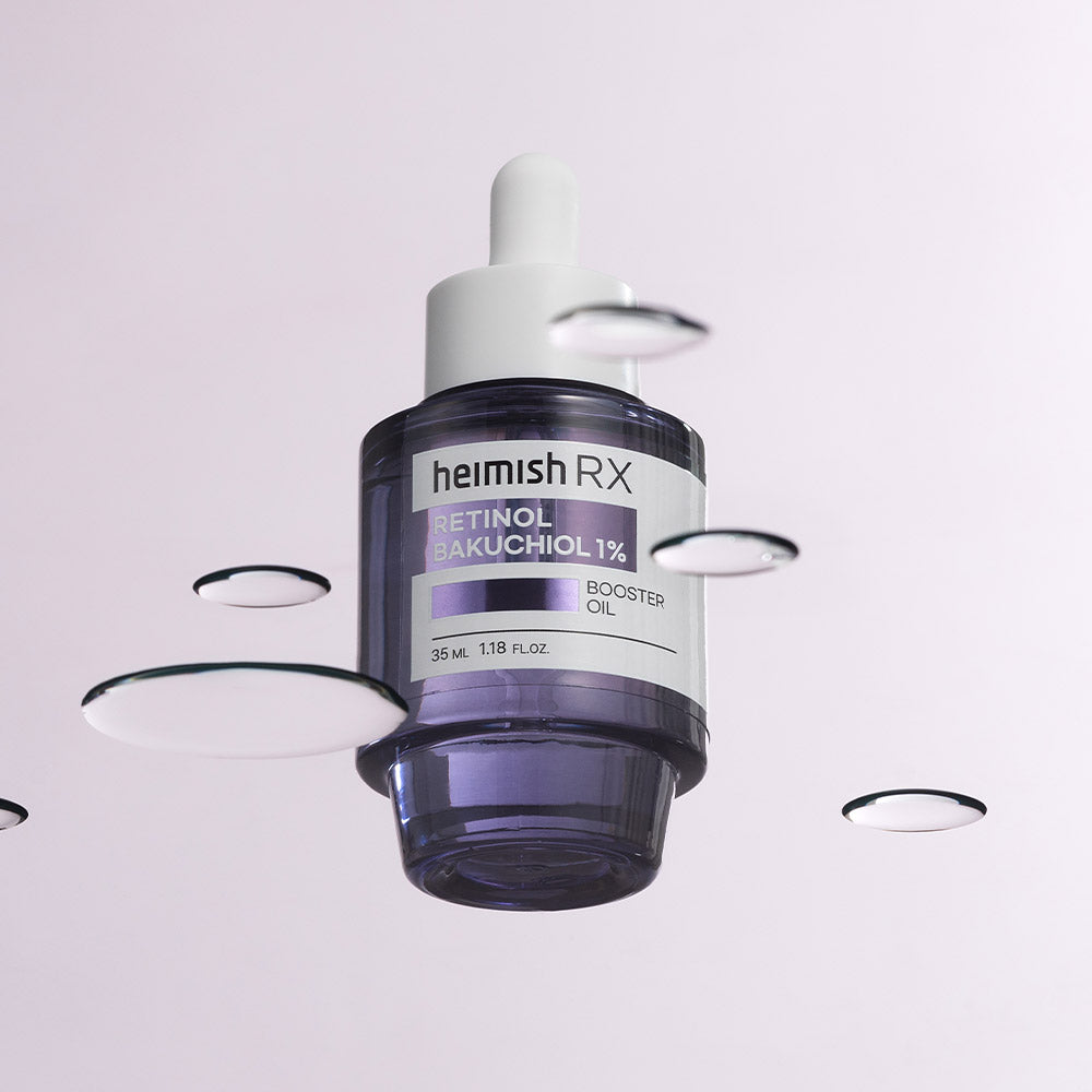 heimish Rx Retinol Bakuchiol Booster Oil 35ml, paars flesje met pipet en oliedruppels