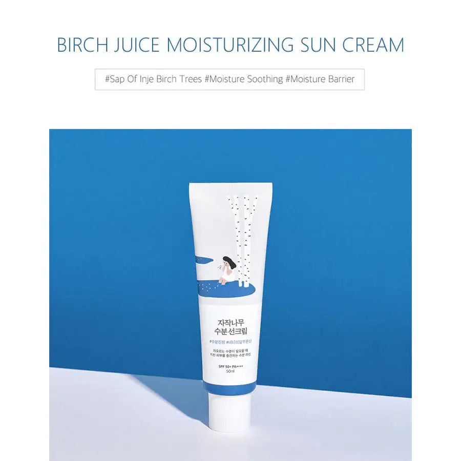 Round Lab Birch Juice Moisturizing Sun Cream SPF50+ PA++++, tube op een blauwe achtergrond