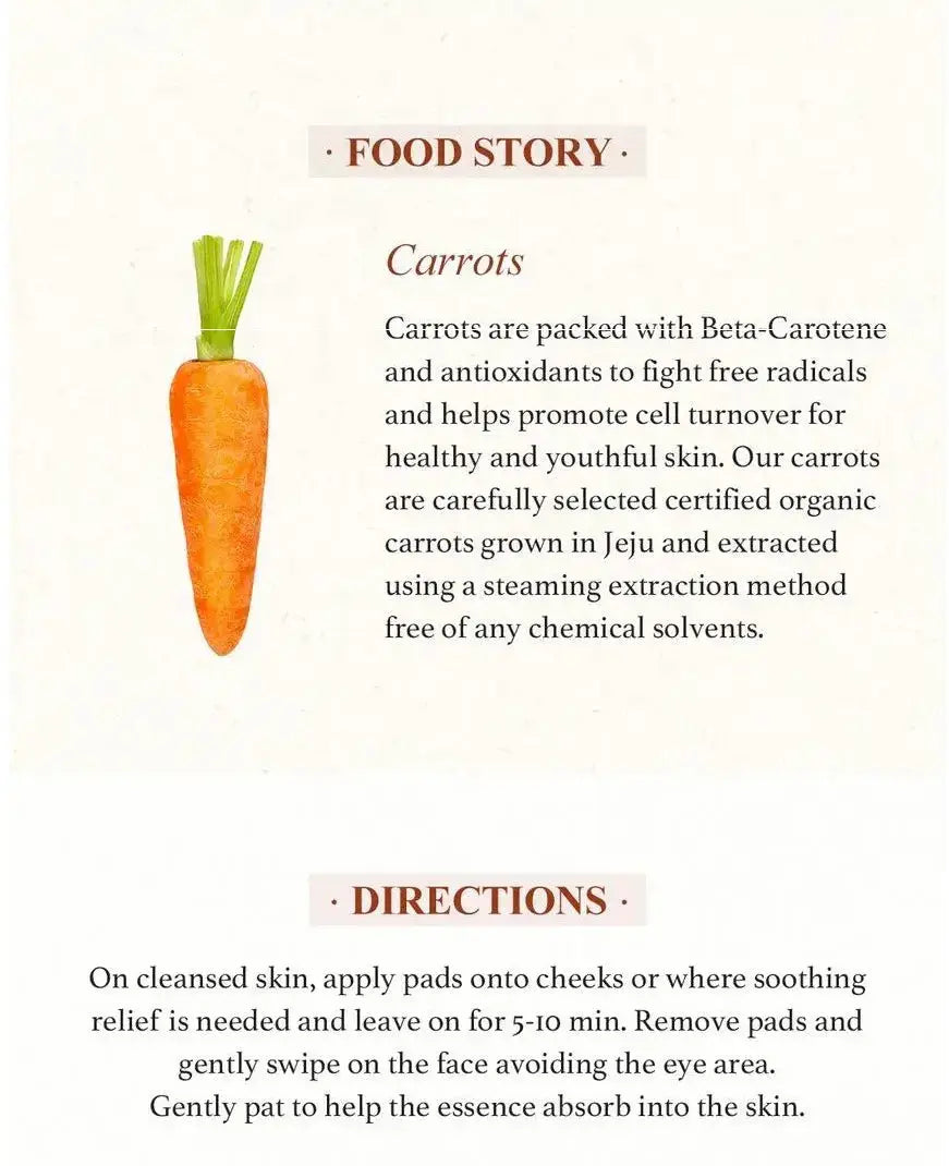 SKINFOOD Carrot Carotene Calming Water Pad, wortels uit Jeju en gebruik: 5 tot 10 minuten op de wangen laten liggen
