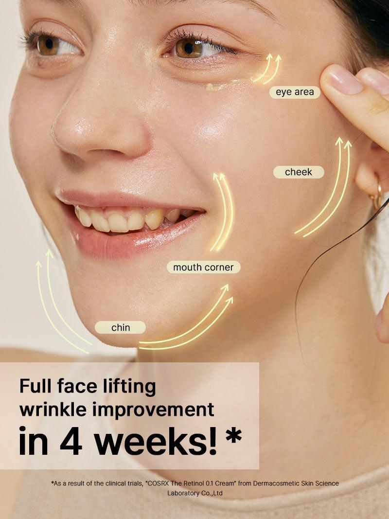 Model met COSRX The Retinol 0.1 Cream, door het merk geteste rimpelverbetering in het hele gezicht in 4 weken