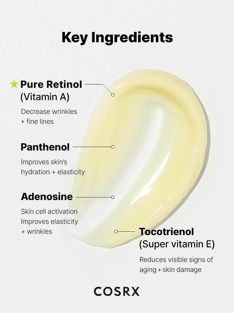 Belangrijkste ingrediënten van de COSRX The Retinol 0.1 Cream: pure retinol, panthenol, adenosine, tocotrienol
