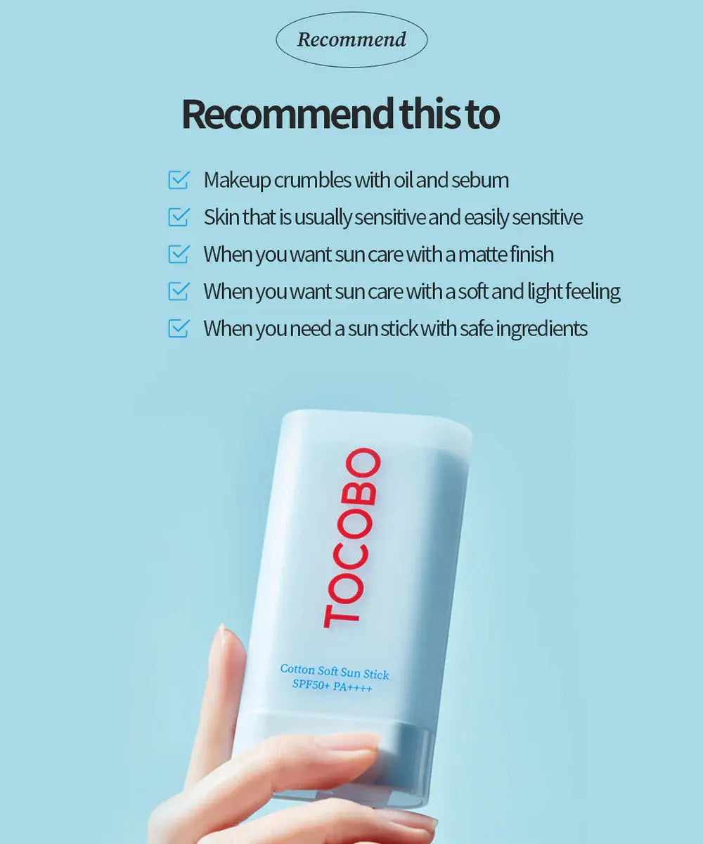 TOCOBO Cotton Soft Sun Stick SPF50+ PA++++, aanbevolen bij vette en gevoelige huid en voor een matte finish